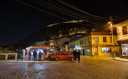 Prizren old city center by night in Kosovoのeditorial素材