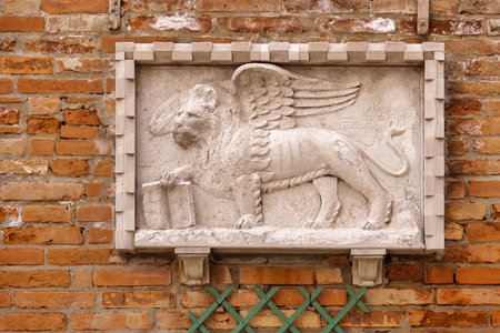 Stone Relief of the Winged Venetian Lion in Veniceの写真素材