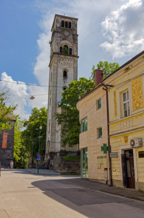 Panorama of Bihac City Center and St. Anthonys Church Towerのeditorial素材