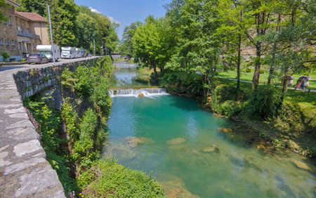 Pliva River Cascades through Historic Jajce, Bosnia and Herzegovinaのeditorial素材