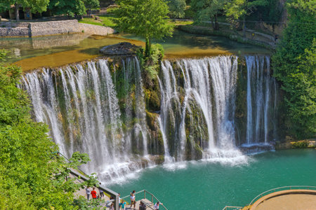 Tourists at the Confluence of Pliva and Vrbas Rivers, Pliva Waterfall, Jajceのeditorial素材