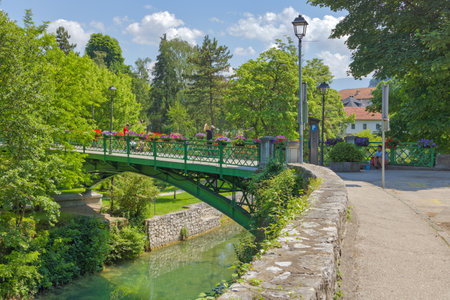 Floral Decorated Ajfel Bridge Over Pliva River in Jajceのeditorial素材