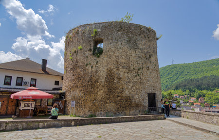 Tourists Exploring Bear Tower in Jajce, Bosnia and Herzegovinaのeditorial素材