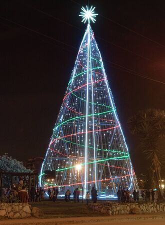 Christmas tree white light with city lightsの写真素材