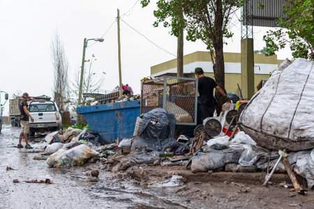Argentina, Lomas of Zamora. June 2019. Informal workers perform sorting of recyclable materials in...