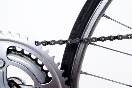 close-up of gear wheel and rear wheelの写真素材