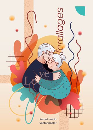 Old people hug and husband kiss his wife in forehead. Romance relationship of elderly persons. Poster, banner, print, postcard for Valentine Day on abstract background. Flat linear, mixed media styleのイラスト素材
