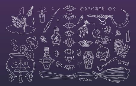 Magic elements set, witchcraft collection. Witch hat, cauldron, broomのイラスト素材