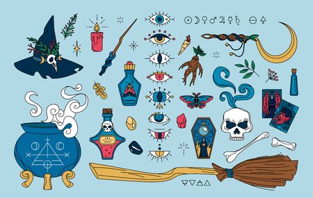 Magic elements set, witchcraft collection. Witch hat, cauldron, broomのイラスト素材