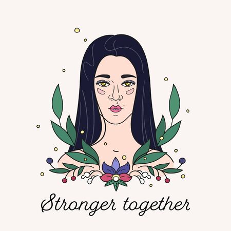 Asian girl with feminist slogan. Floral greeting card or print in line styleのイラスト素材