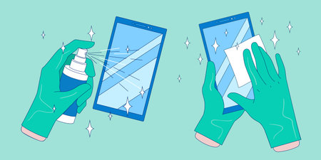 COVID-19 - personal protection. Smartphone sanitizer and disinfection, wipe phone in gloves