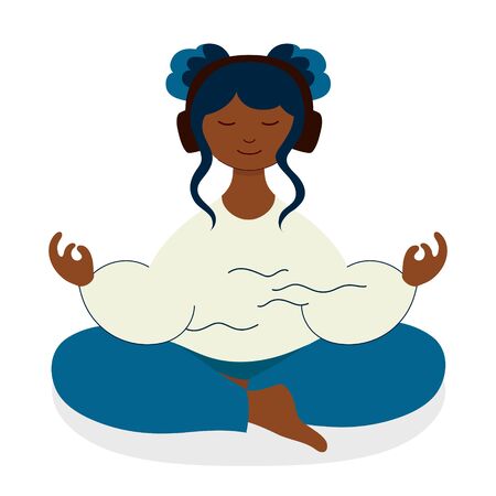 Audio meditation of teenager girl - isolated vector illustration. Young woman meditates in lotus pose and listens music in headphones. Concept of self care, wellness, mindfulness and balanceのイラスト素材