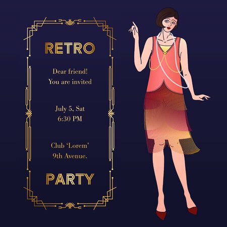 Art Deco vintage invitation with flapper girl. Cover, square banner or greeting card a-la Roaring 20s. Golden geometric frame, copy space and illustration of cute woman. Also for social media postのイラスト素材