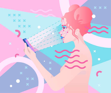 Woman face recognition. Girl holds smartphone for identity detection. Biometric verification concept by face scannerのイラスト素材