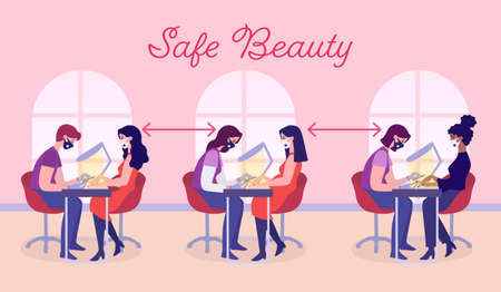 Social distancing in nail salons during coronavirus pandemic. Manicurists works in masks, considering prevention rulesのイラスト素材