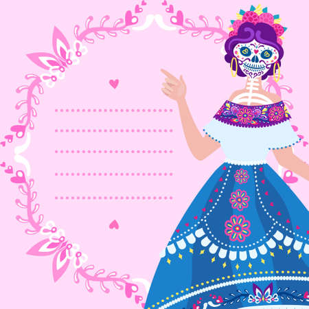 Dia de Los Muertos - square card with lines for text. Greeting blank with place for message and Catrina figureのイラスト素材