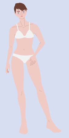 Slim tall lady in basic underwear. Thin young woman with long legs, inverted triangle body typeのイラスト素材