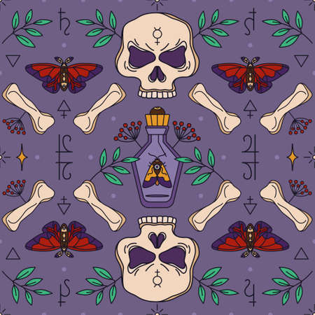 Pagan seamless pattern with skull and bonesのイラスト素材