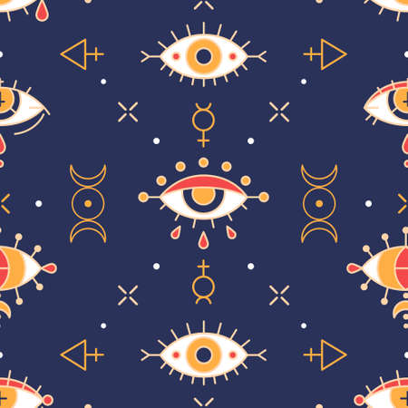 Wicca seamless pattern with triple moon and evil eyesのイラスト素材