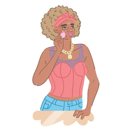 African-american woman with afro apply foundation during make upのイラスト素材