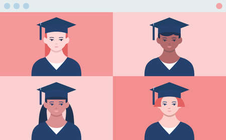 Distance graduation ceremony. Online prom. Four screen of video call with first face POV viewのイラスト素材