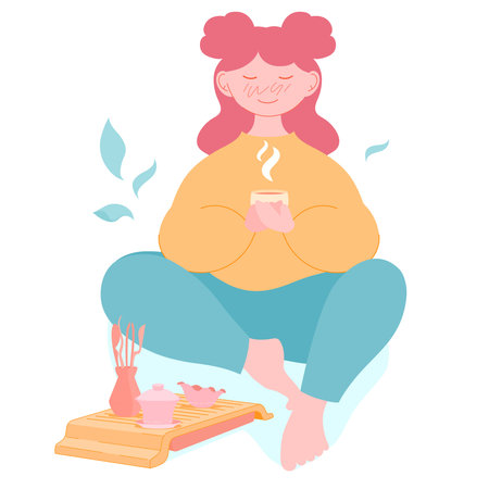 Young girl sitting and drinking tea during tea ceremonyのイラスト素材