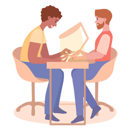 Man nail master professional, worker sitting on salon table with clientのイラスト素材