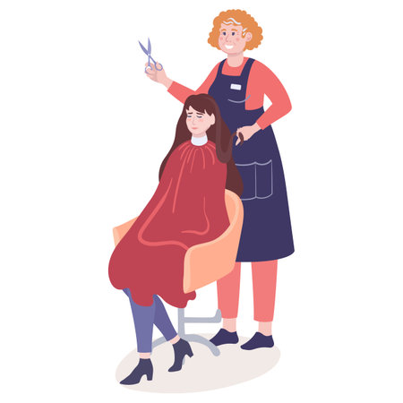 Woman hairdresser is haircutting girl client, who sitting in chairのイラスト素材