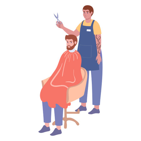 Man hairdresser provides service at chair to male client in peignoirのイラスト素材