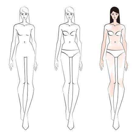 Three vector fashion sketch templates with walking slim young girlのイラスト素材