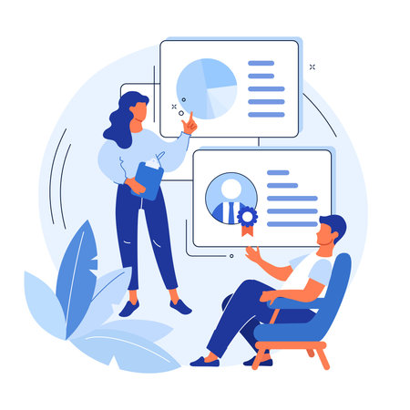 Personal improvement metaphor - vector illustration. Woman coach explain principles of self-growth for man clientのイラスト素材