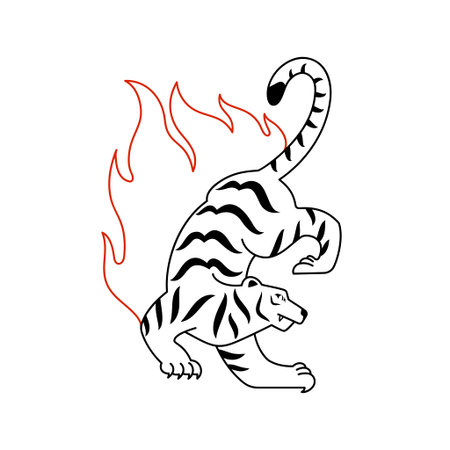 Black and white tiger animal and red flames - linear vector illustrationのイラスト素材