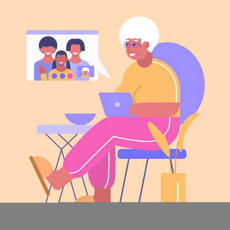 Happy grandma with laptop has communication with her family by video call. Granny has online chat with and grandchildのイラスト素材