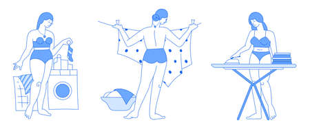 Happy women laundry - outline vector illustrations, blue and white paletteのイラスト素材