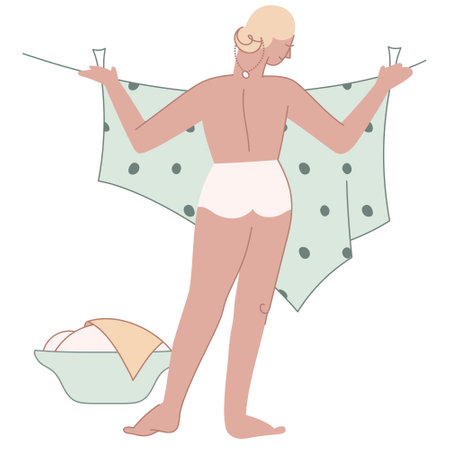 Woman in panties is hanging linen for drying, backview - isolated vector illustrationのイラスト素材