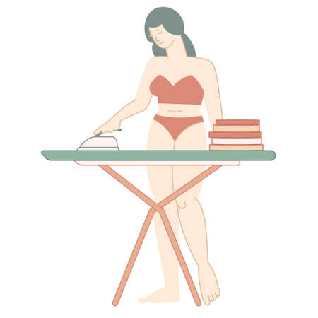 Young woman in underwear is ironing clothes - vector illustrationのイラスト素材