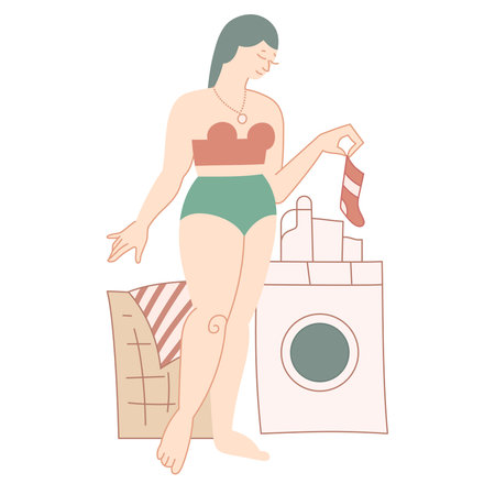 Young woman holds sock, sorting dirty linen - laundry day vector illustrationのイラスト素材