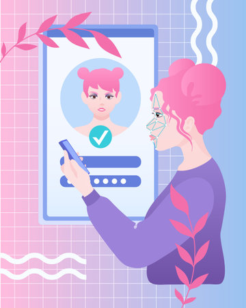 Woman holds smartphone, screen with face ID avatar on background. Vector illustration in memphis styleのイラスト素材
