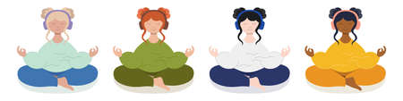 Diversity young girls meditate with headphones. Isolated vector set of charactersのイラスト素材