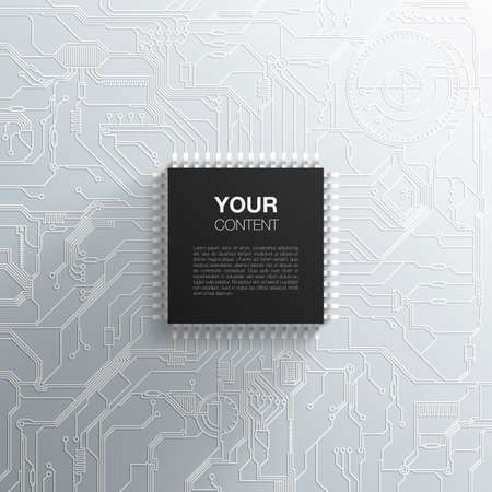 Realistic black microchip on detailed printed circuit board design abstract background with your text infographics vector stock eps 10 illustrationのイラスト素材