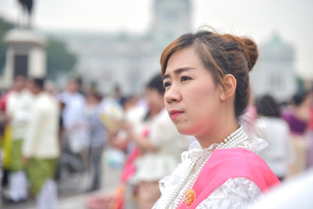 Bangkok, Thailand, March 9, 2018: Beautiful women in Thai costumes in Aun Ai Rak Fairのeditorial素材