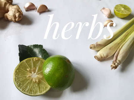 Lemon, ginger, lemongrass with medicinal garlic on whiteの写真素材