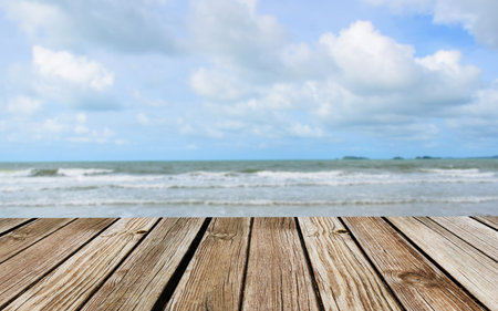 Wooden background, sea and sky on vacation