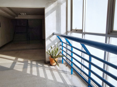Interior of a modern building with a blue railing and a flowerpotの写真素材