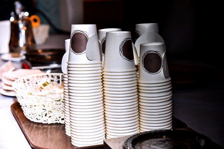 Disposable coffee cups on a table in a restaurant. Selective focus.の写真素材