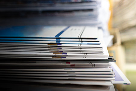 Close up of stack of magazines. Shallow depth of field.の写真素材