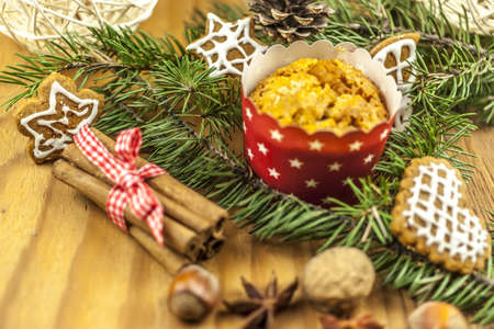 Christmas cookies on wooden backgroundの写真素材