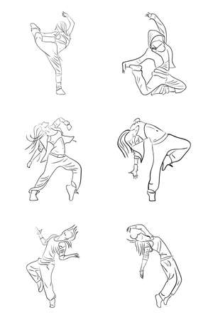 Hip-hop set woman dancer vector contour sketch isolated on white backgroundのイラスト素材
