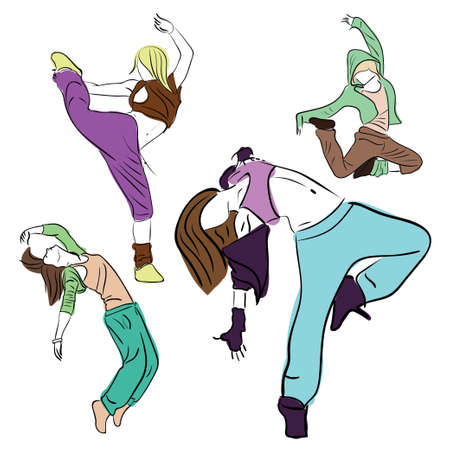 Hip-hop set woman dancer vector contour sketch isolated on white backgroundのイラスト素材