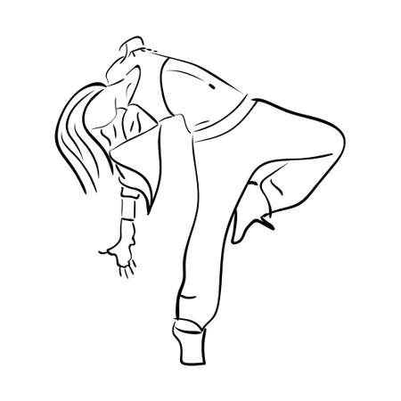 Hip-hop woman dancer vector contour sketch isolated on white backgroundのイラスト素材